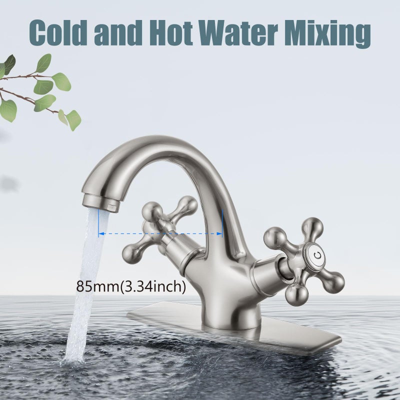 Aolemi Bathroom Sink Faucet Single Hole Cold and Hot Double Handle Cross Knobs Vanity Vessel Sink Basin Mixer Tap with Deck Cover Plate with Pop Up Drain Brushed Nickel - Image 4